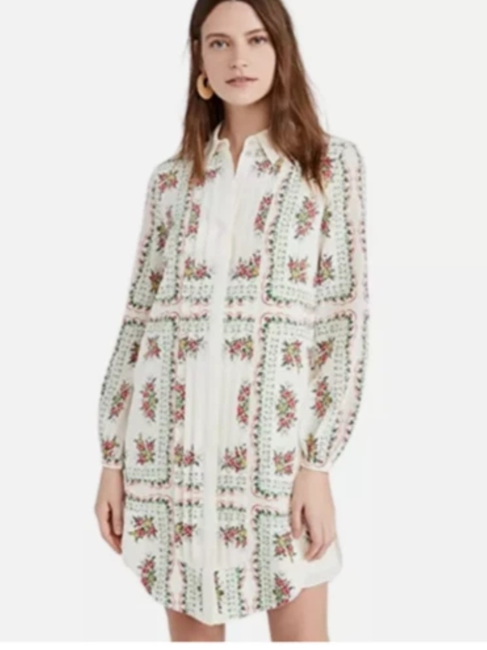 Tory Burch White Long-Sleeve Floral-Print Shirt Dress